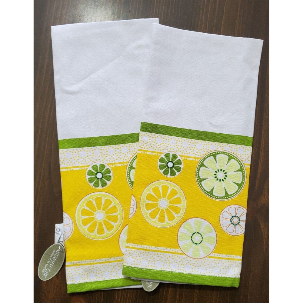 Midwest-CBK Kitchen Tea Guest Towels 2 Lemons Limes White Cotton 15x23" New Flaw